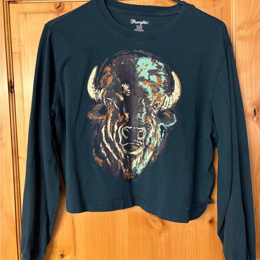 Wrangler Dark Green Long Sleeve Shirt with Buffalo Graphic